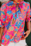 Rose Frilly Mock Neck Short Puff Sleeve Floral Blouse