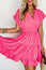 Strawberry Pink Ruched Sleeve V Neck Smock Waist Tiered Ruffled Dress